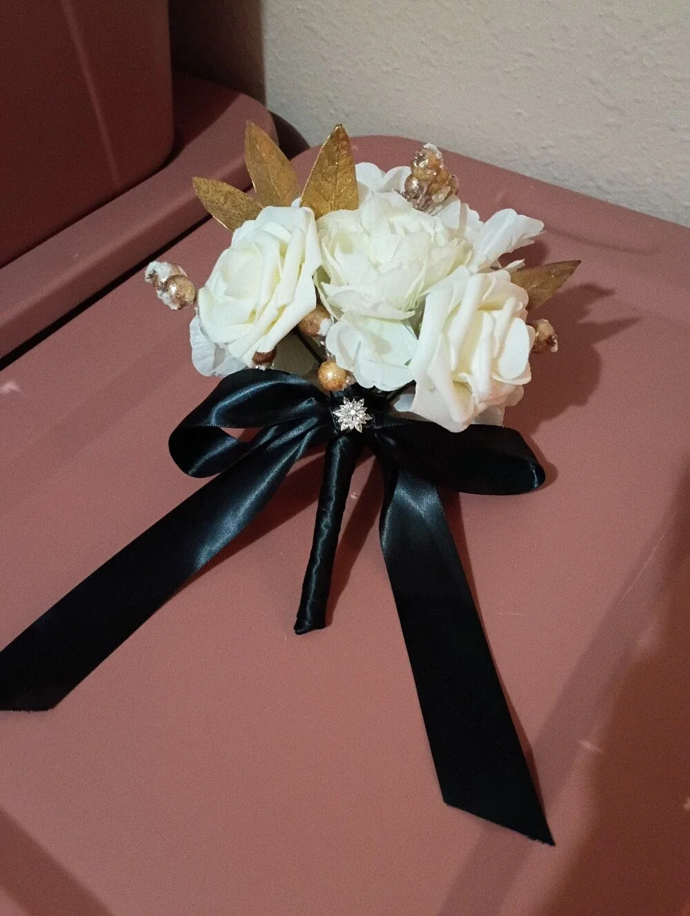Elegant White Rose Bouquet with Black Satin Ribbon